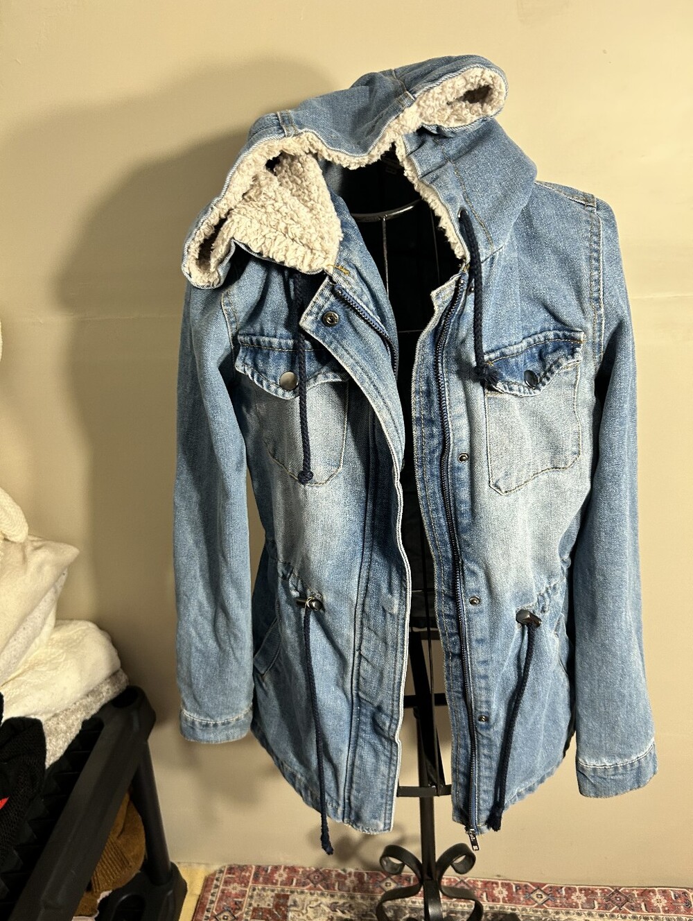 womens size small blue jean jacket coat old vintage look hoodie